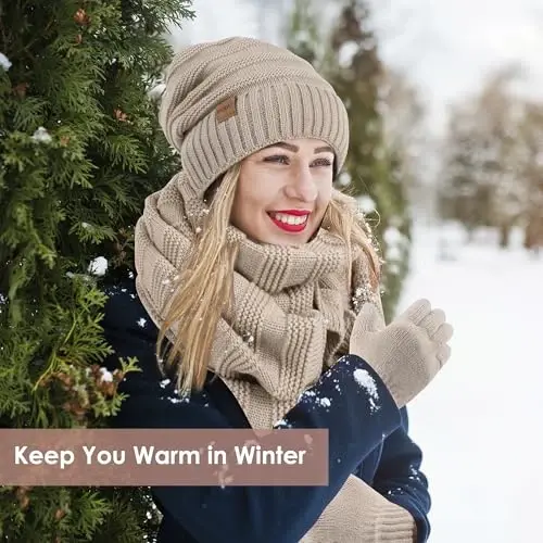 Women Beanie Hat Gloves Set Fleece Lined Winter Warm Hat Knit Touchscreen Gloves for Cold Weather - 4
