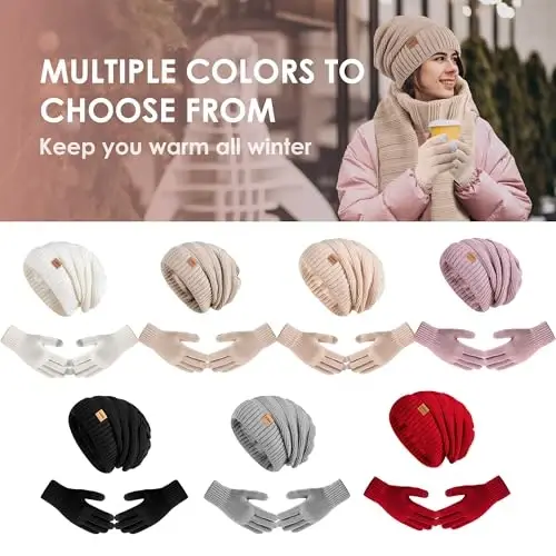 Women Beanie Hat Gloves Set Fleece Lined Winter Warm Hat Knit Touchscreen Gloves for Cold Weather - 5