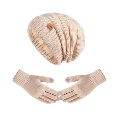 Women Beanie Hat Gloves Set Fleece Lined Winter Warm Hat Knit Touchscreen Gloves for Cold Weather - Modazone