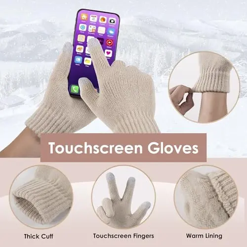 Women Beanie Hat Gloves Set Fleece Lined Winter Warm Hat Knit Touchscreen Gloves for Cold Weather - 3