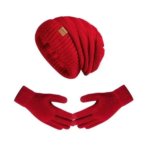 Women Beanie Hat Gloves Set Fleece Lined Winter Warm Hat Knit Touchscreen Gloves for Cold Weather - 1