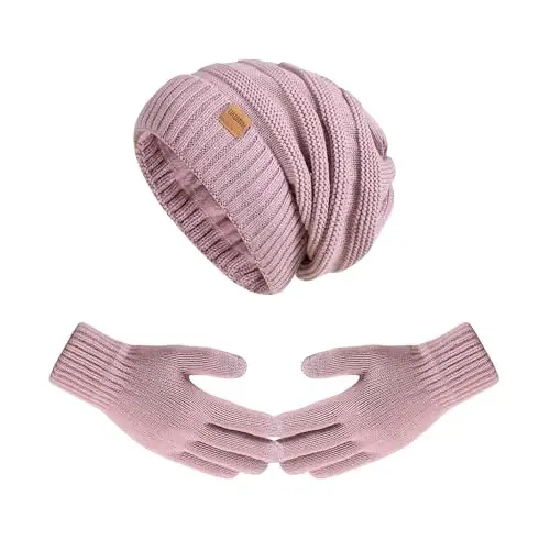 Women Beanie Hat Gloves Set Fleece Lined Winter Warm Hat Knit Touchscreen Gloves for Cold Weather - 1