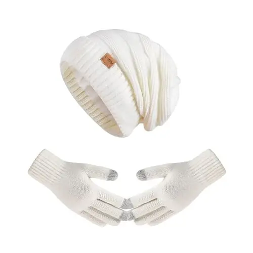 Women Beanie Hat Gloves Set Fleece Lined Winter Warm Hat Knit Touchscreen Gloves for Cold Weather - 1