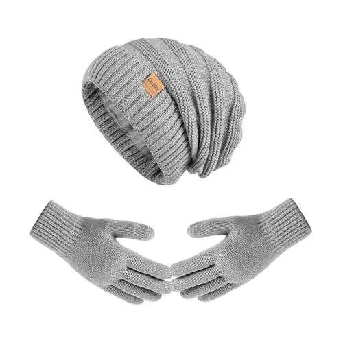 Women Beanie Hat Gloves Set Fleece Lined Winter Warm Hat Knit Touchscreen Gloves for Cold Weather - 1
