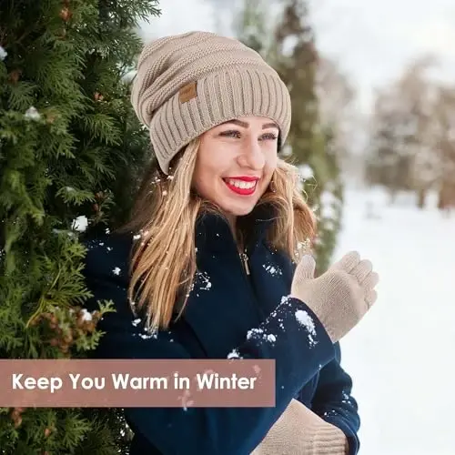 Women Beanie Hat Gloves Set Fleece Lined Winter Warm Hat Knit Touchscreen Gloves for Cold Weather - 4