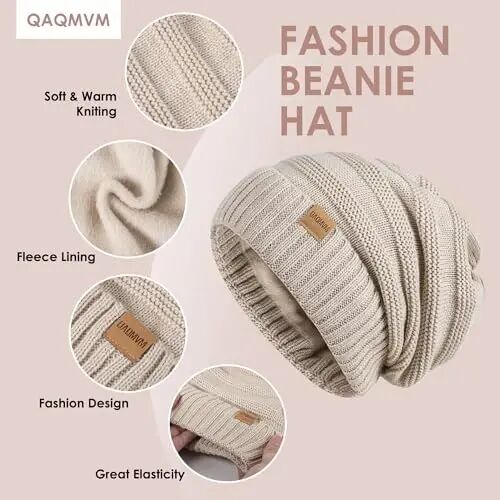Women Beanie Hat Gloves Set Fleece Lined Winter Warm Hat Knit Touchscreen Gloves for Cold Weather - Women (1)