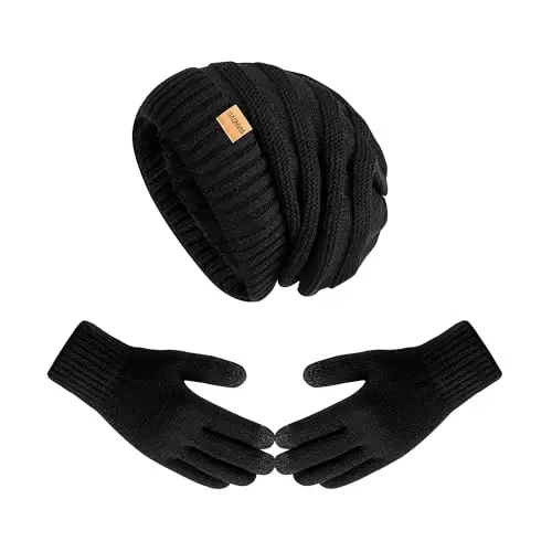 Women Beanie Hat Gloves Set Fleece Lined Winter Warm Hat Knit Touchscreen Gloves for Cold Weather - 1