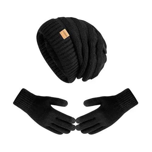 Women Beanie Hat Gloves Set Fleece Lined Winter Warm Hat Knit Touchscreen Gloves for Cold Weather - Women