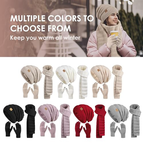 Women Beanie Hat Scarf Gloves Set Fleece Lined Winter Warm Hat Long Knit Scarf Touchscreen Gloves for Cold Weather - 6