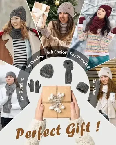 Women Beanie Scarf Gloves Headband Set, Chenille Winter Hats Fleece Lined Ear Warmer Knit Scarf Touchscreen Gloves 4 Gift Set - 1