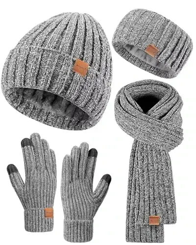 Women Beanie Scarf Gloves Headband Set, Chenille Winter Hats Fleece Lined Ear Warmer Knit Scarf Touchscreen Gloves 4 Gift Set - 7