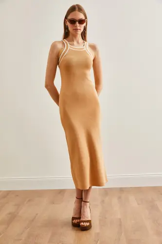 Women Beige Halter Neck Maxi Knitted Dress ELB-19002070-Beige - OLALOOK (1)