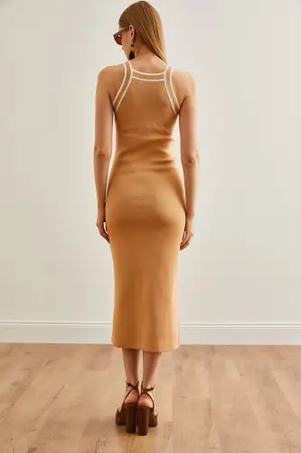 Women Beige Halter Neck Maxi Knitted Dress ELB-19002070-Beige - 5