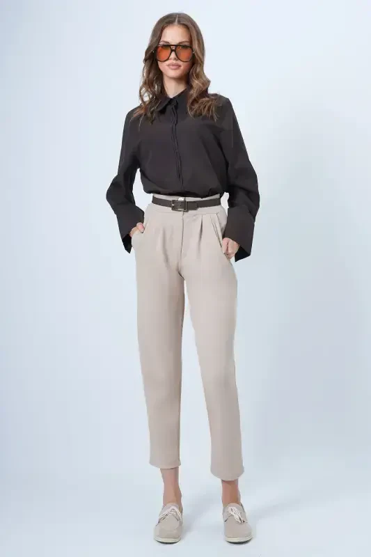 Women Beige High Waist Carrot Trousers ALC-X11148-BEJ - 3