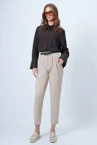Women Beige High Waist Carrot Trousers ALC-X11148-BEJ - 4