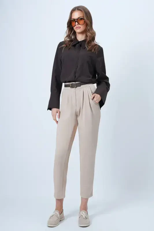 Women Beige High Waist Carrot Trousers ALC-X11148-BEJ - 4
