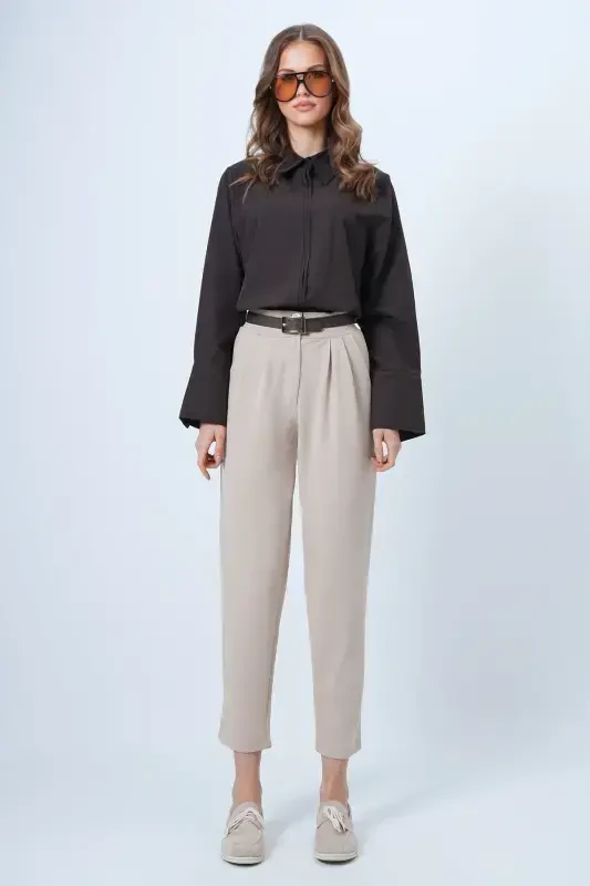 Women Beige High Waist Carrot Trousers ALC-X11148-BEJ - 5