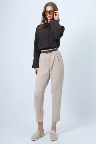Women Beige High Waist Carrot Trousers ALC-X11148-BEJ - 3