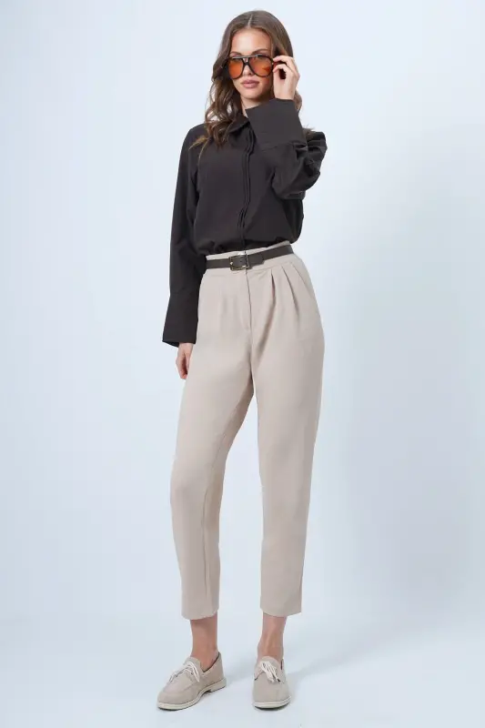 Women Beige High Waist Carrot Trousers ALC-X11148-BEJ - 3