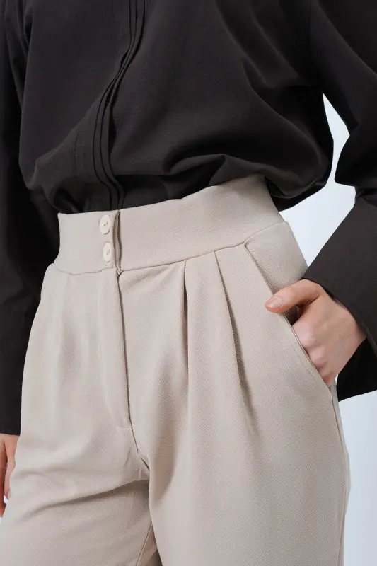 Women Beige High Waist Carrot Trousers ALC-X11148-BEJ - 7