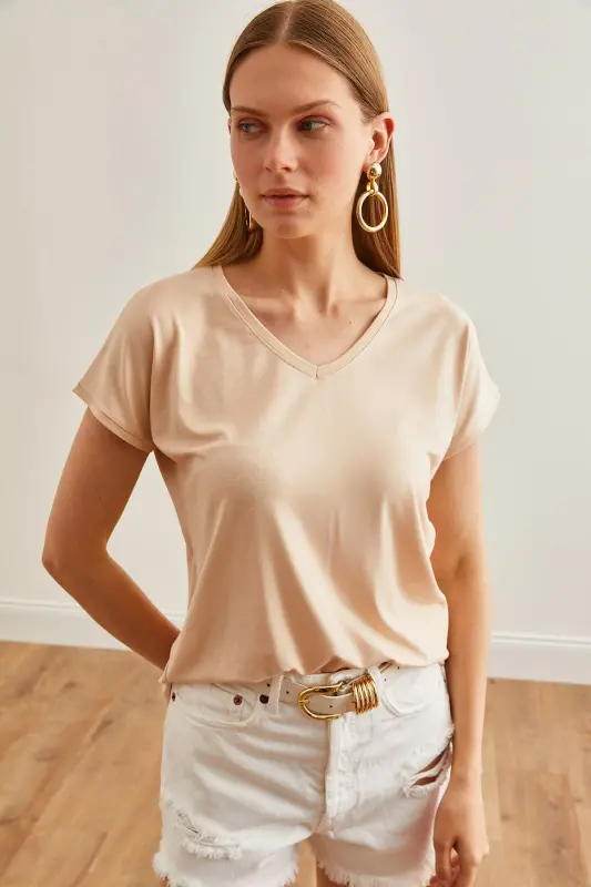Women Beige V Neck Batwing Knitted Viscose T-Shirt TSH-190 - 3