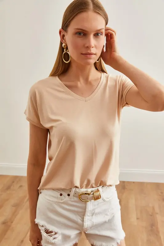 Women Beige V Neck Batwing Knitted Viscose T-Shirt TSH-190 - 4