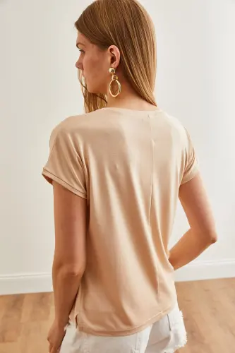 Women Beige V Neck Batwing Knitted Viscose T-Shirt TSH-190 - 5