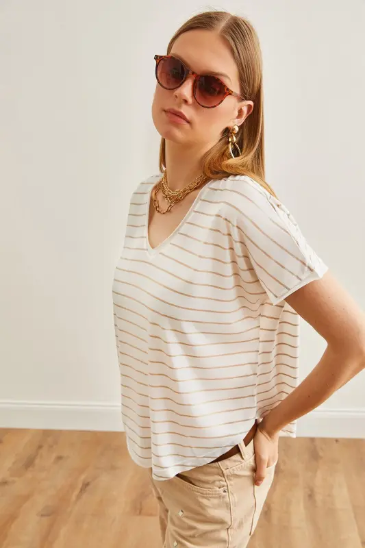 Women Beige V Neck Striped Raw Stitchy Slouchy T-Shirt TS - OLALOOK