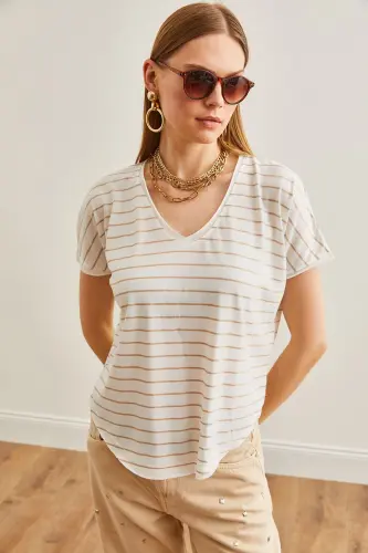 Women Beige V Neck Striped Raw Stitchy Slouchy T-Shirt TS - OLALOOK (1)
