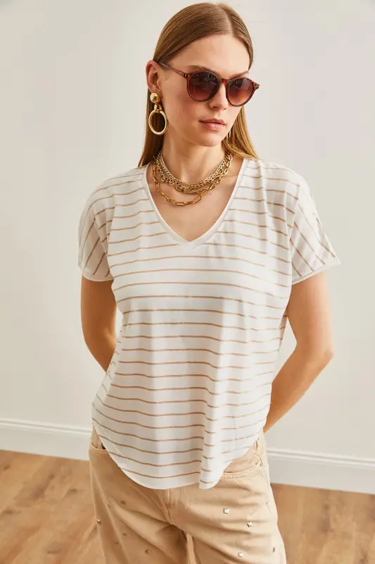 Women Beige V Neck Striped Raw Stitchy Slouchy T-Shirt TS - 2
