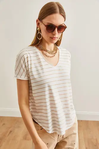 Women Beige V Neck Striped Raw Stitchy Slouchy T-Shirt TS - 3