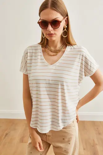 Women Beige V Neck Striped Raw Stitchy Slouchy T-Shirt TS - 4