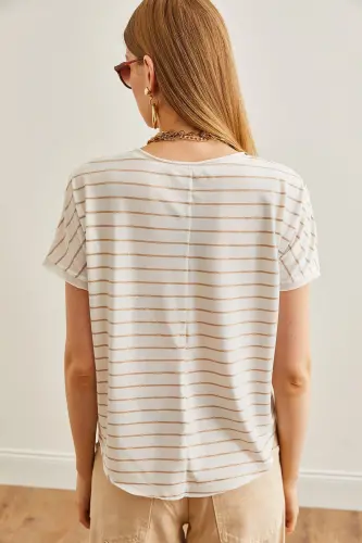 Women Beige V Neck Striped Raw Stitchy Slouchy T-Shirt TS - 5