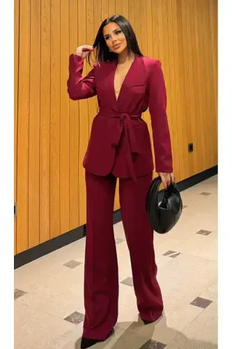 Women Belted Jacket Pants Suit Bordeaux-Bordeaux - 1