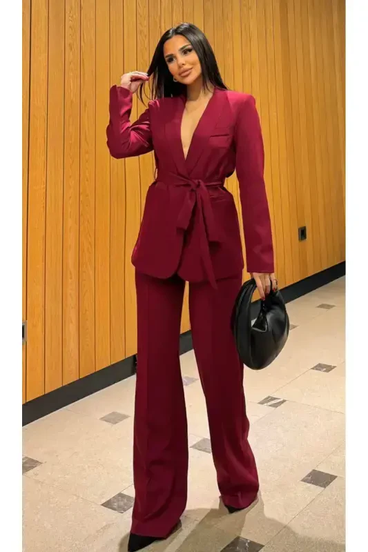 Women Belted Jacket Pants Suit Bordeaux-Bordeaux - 1