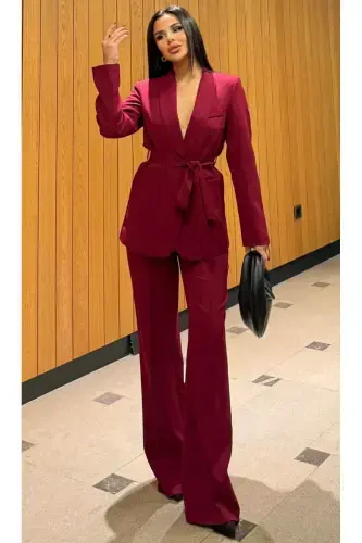 Women Belted Jacket Pants Suit Bordeaux-Bordeaux - PEMBEKURDELEM (1)