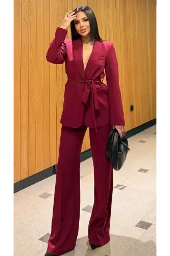 Women Belted Jacket Pants Suit Bordeaux-Bordeaux - 4