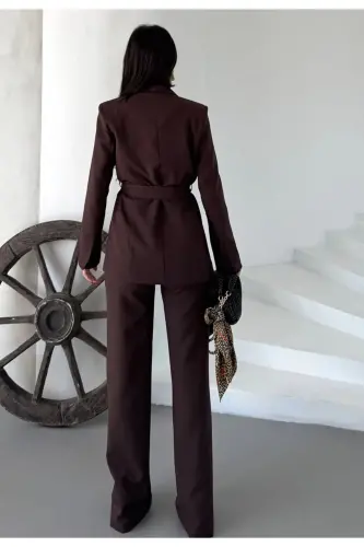 Women Belted Jacket Pants Suit Coffee-Brown - 5