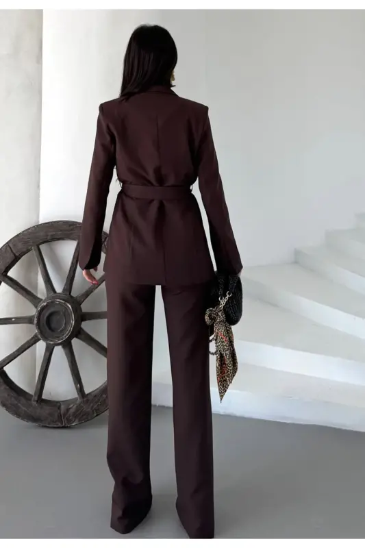 Women Belted Jacket Pants Suit Coffee-Brown - 5