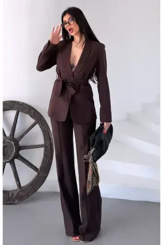 Women Belted Jacket Pants Suit Coffee-Brown - 1