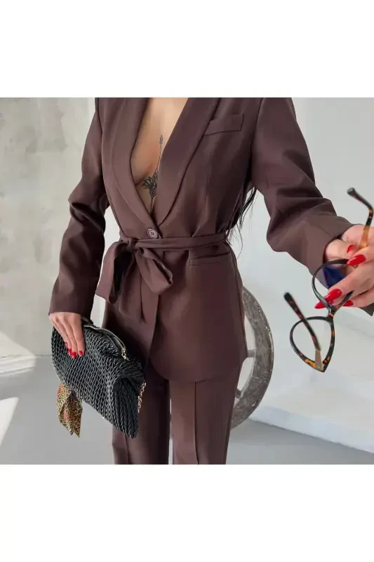 Women Belted Jacket Pants Suit Coffee-Brown - 2
