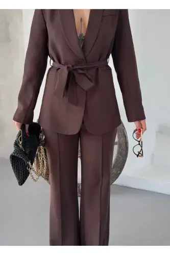 Women Belted Jacket Pants Suit Coffee-Brown - 4