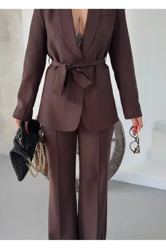 Women Belted Jacket Pants Suit Coffee-Brown - 4