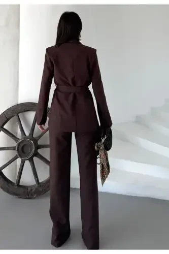 Women Belted Jacket Pants Suit Coffee-Brown - 5