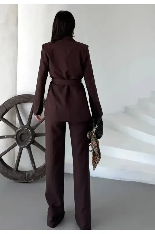 Women Belted Jacket Pants Suit Coffee-Brown - 5