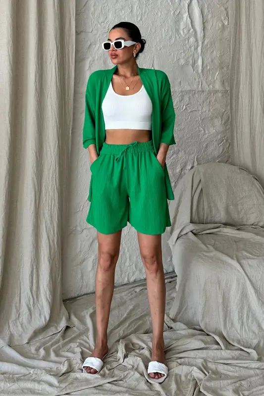 Women Benetton Green Kimono Shirt Shorts Set-Green - 2