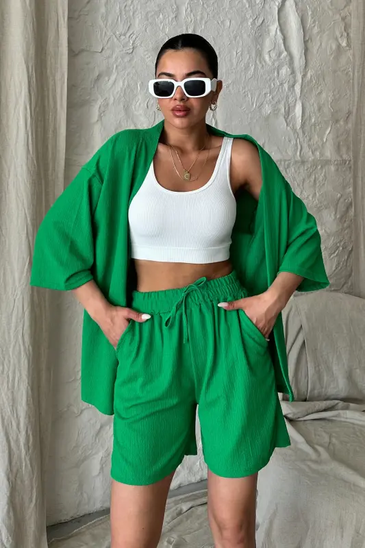 Women Benetton Green Kimono Shirt Shorts Set-Green - 3