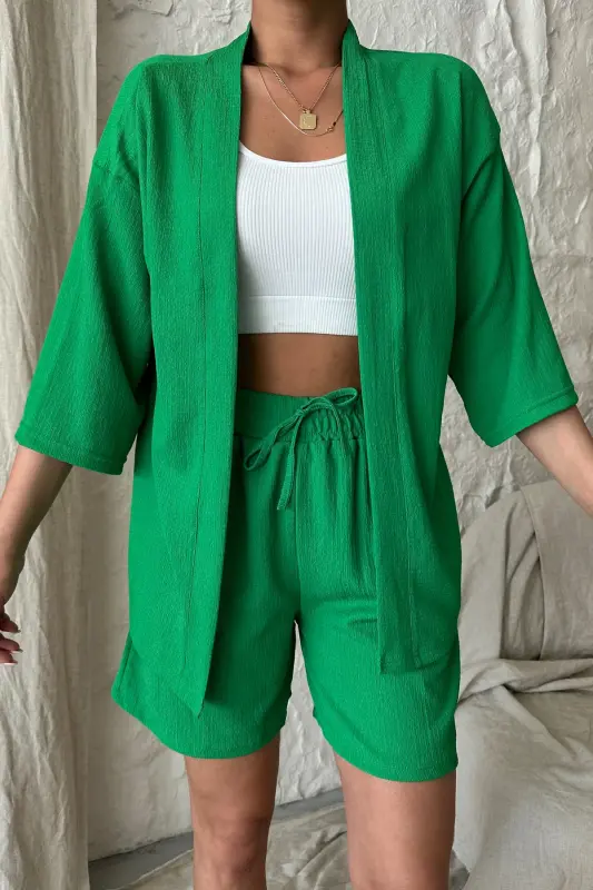 Women Benetton Green Kimono Shirt Shorts Set-Green - 4