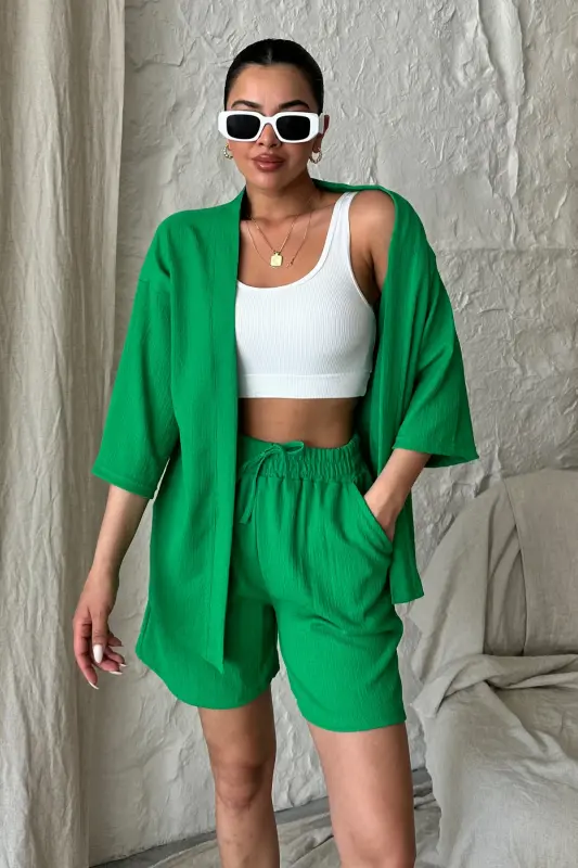 Women Benetton Green Kimono Shirt Shorts Set-Green - 5