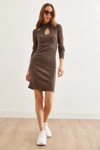Women Bitter Coffee Dress Drop Neckline Flannel Mini - OLALOOK (1)